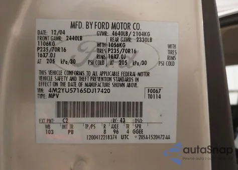 2005 Mercury Mariner Luxury/Premier from USA, damaged, VIN 4M2YU57165DJ17420